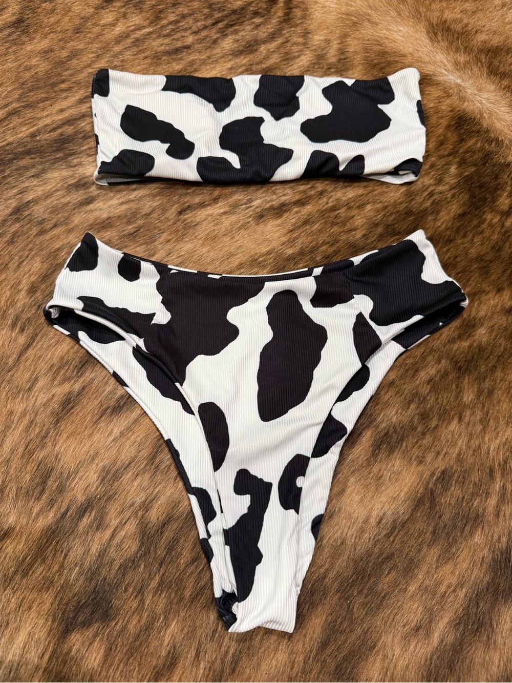 Cow Print Ribbed Bandeau Bikini Set - Black & White